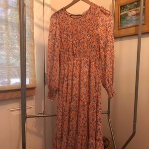 CJLA smocked tiered floral midi dress with long sleeves
